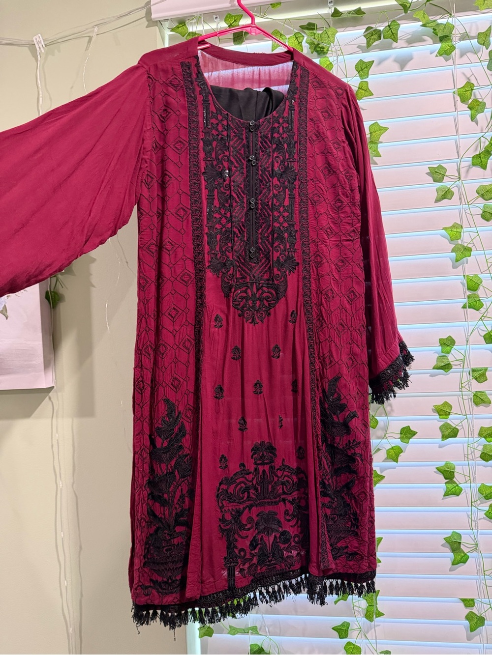 Wine Red Embroidered Kameez with Black Lace Trim (comes with shalwar)